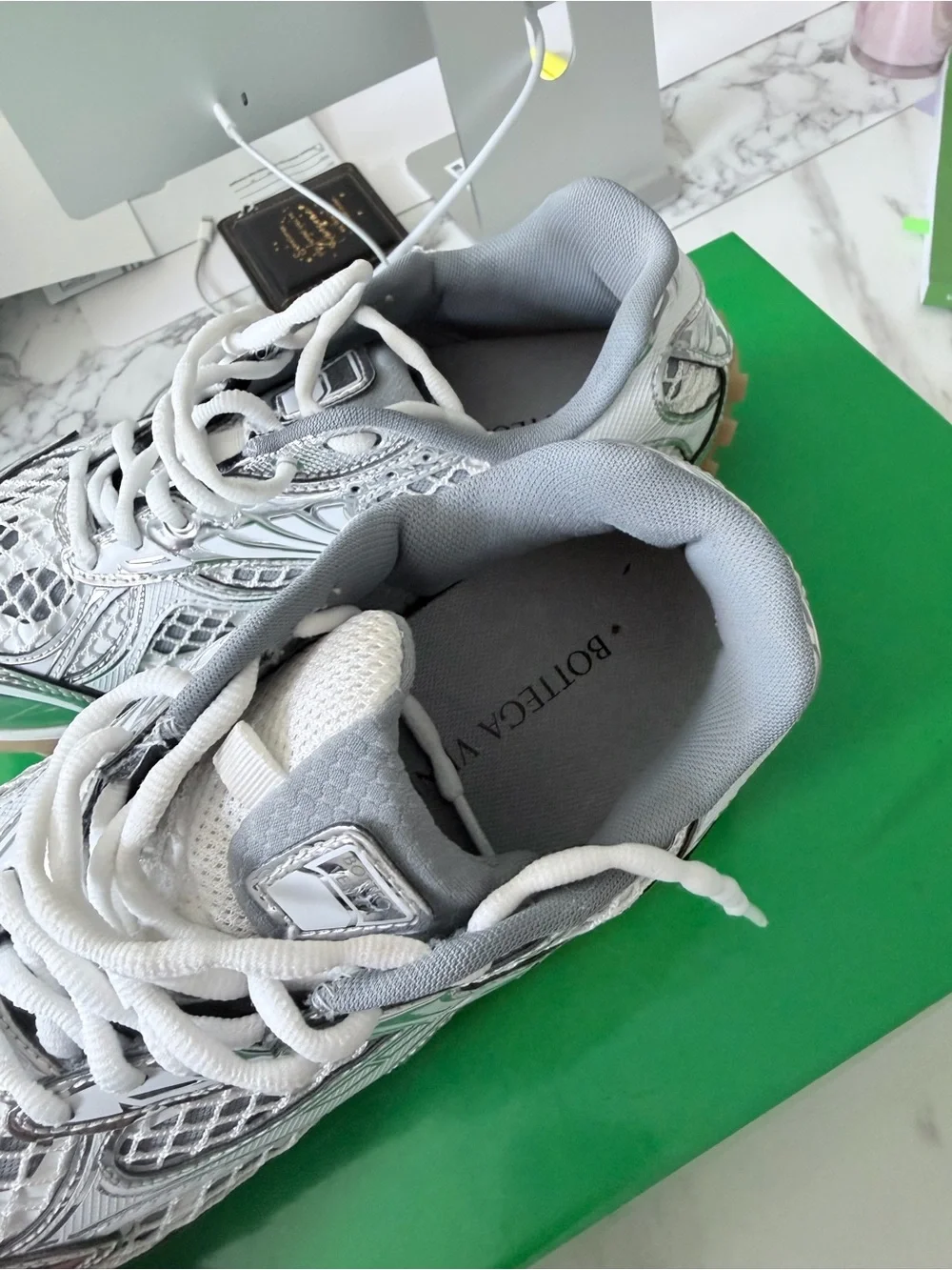Bottega Veneta Silver, White & Green Kids Sneakers
